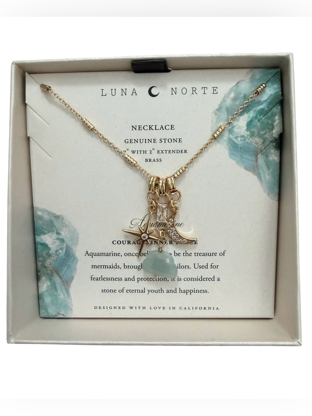 Luna Norte Courage Gold Necklace with Aquamarine Charm and Moon Star Accents